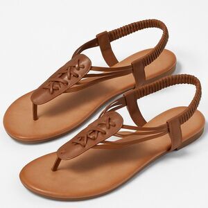 Women’s Brown Strappy Flat Sandals – Elastic Slingback Comfort Casual Shoes Sz 9